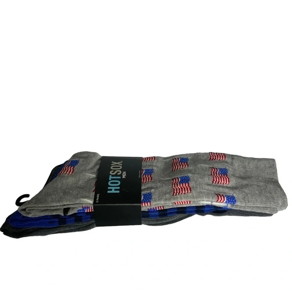 Hot Sox 3 Pack Flag Patriotic Theme Novelty Dress Crew Socks Gift Men’s Unisex